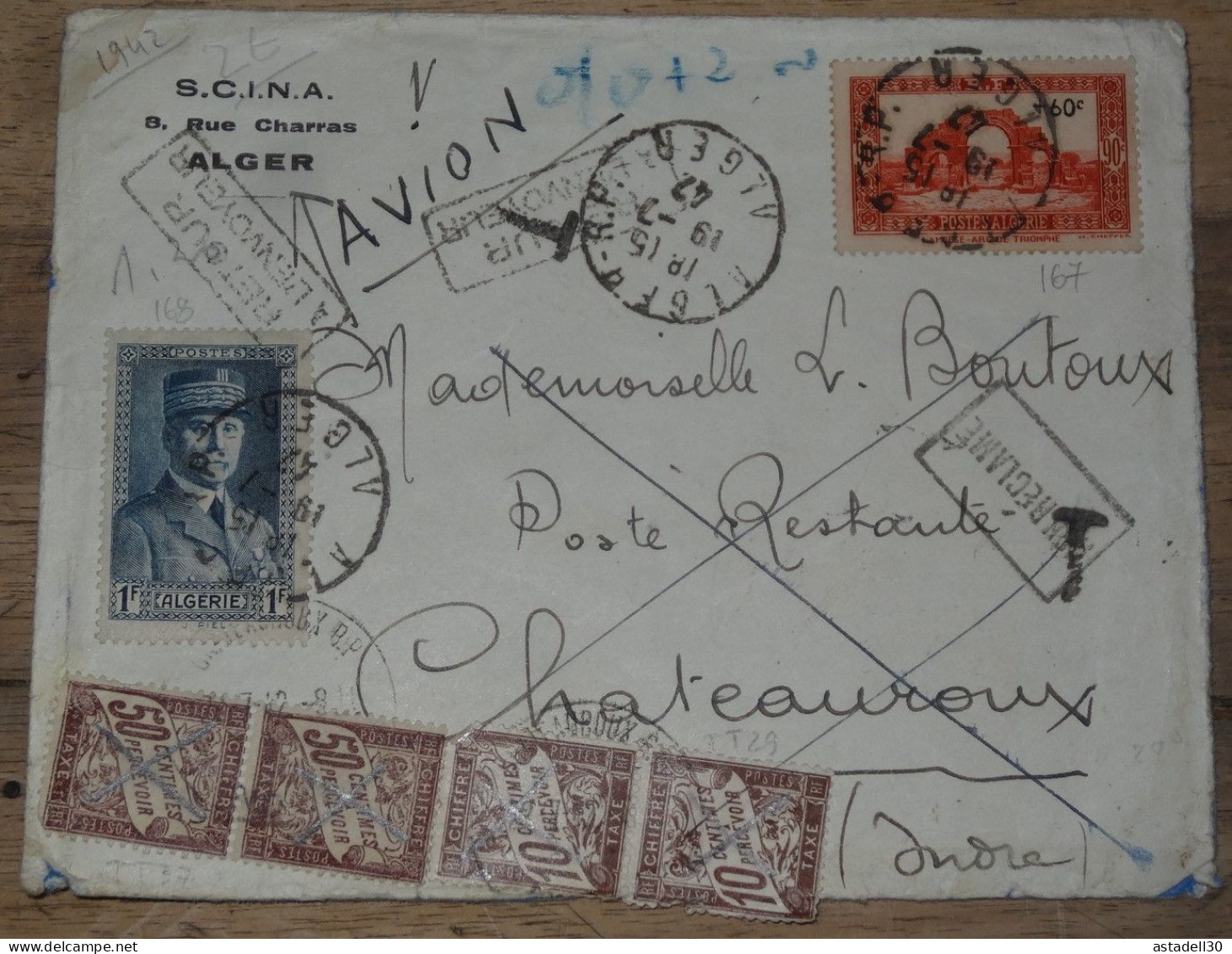 Enveloppe ALGERIE, Alger Pour Chateauroux, Avion, Taxée, Retour - 1942 ............ Boite1.......... 240424-2 - Lettres & Documents