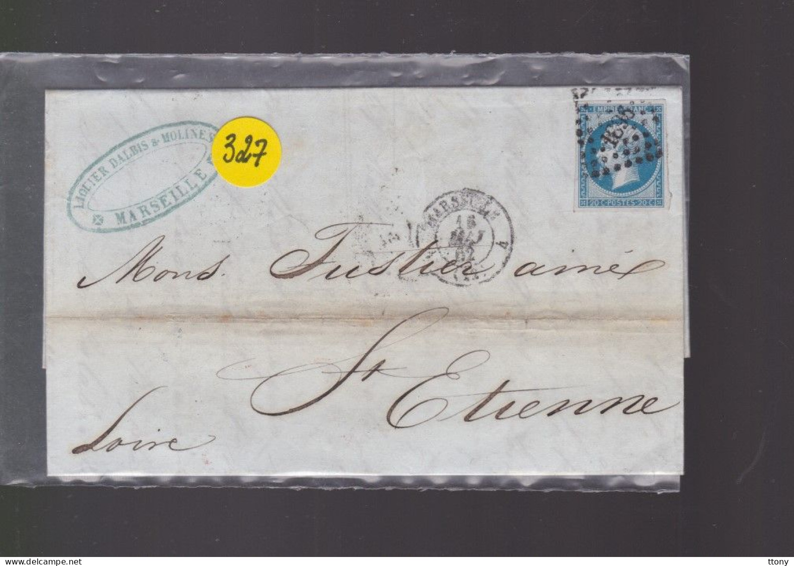 Un  Timbre  Napoléon III   N° 14  20 C Bleu  Lettre Départ  Marseille   1862   Destination   St - Etienne - 1849-1876: Klassieke Periode