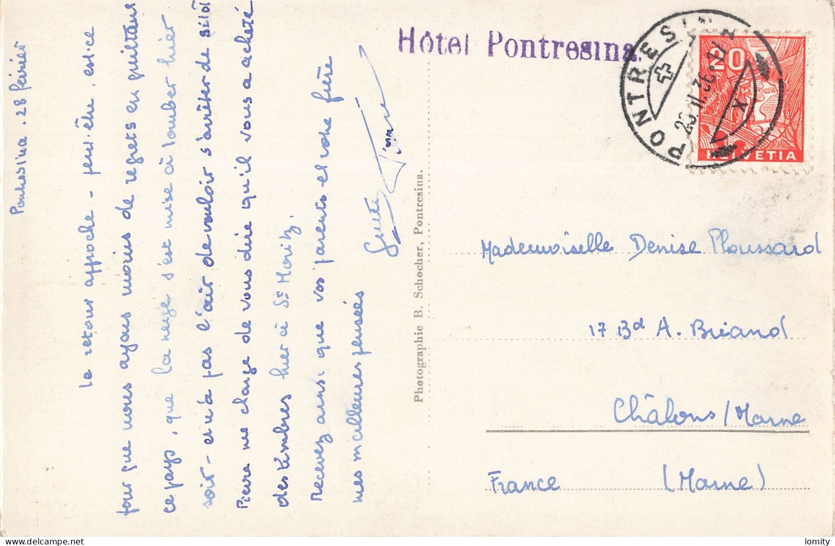 Suisse Pontresina Gegen Crasta Mora CPA + Timbre Cachet 1936 Hotel Pontresina - Pontresina