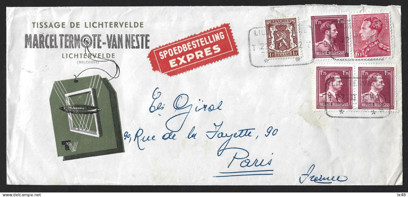 Leopold III Of Belgium. Express Letter With Obliteration From Lichtervelde In 1952 To Paris. Leopold III Van België. Spo - Familles Royales