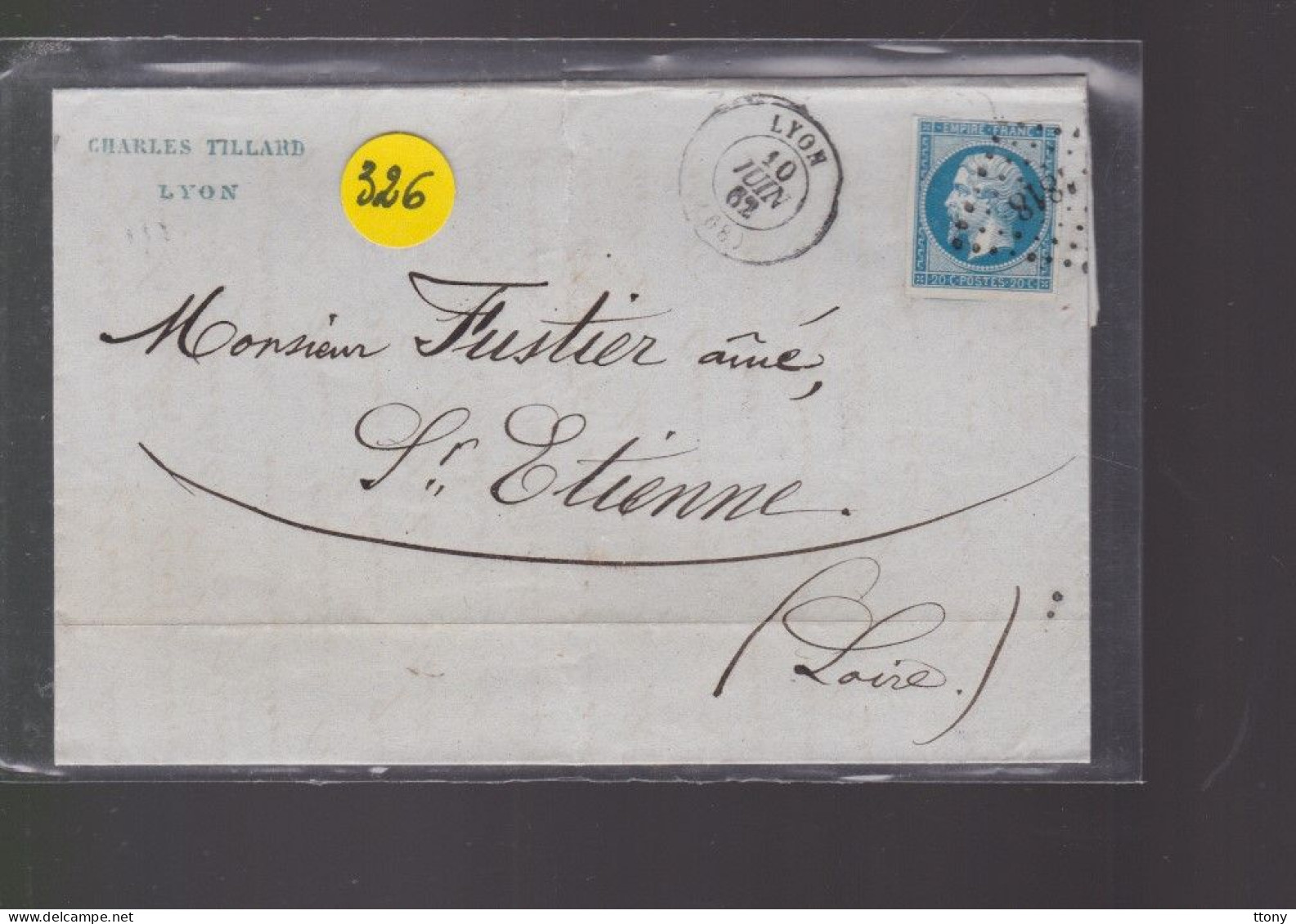 Un  Timbre  Napoléon III   N° 14  20 C Bleu  Lettre Départ  Lyon Pc 1818    1862   Destination   St - Etienne - 1862 Napoleon III