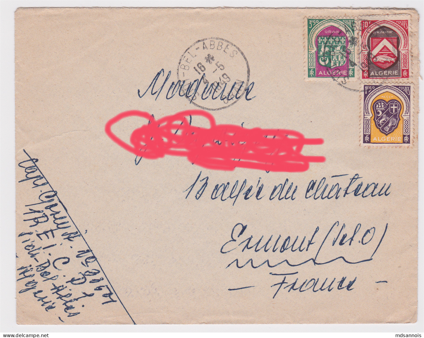 Lettre Algérie 1949 Sidi Bel Abbes Timbres 1947-48 (Le Cache Adresse N'est Que Sur L'image) - Brieven En Documenten