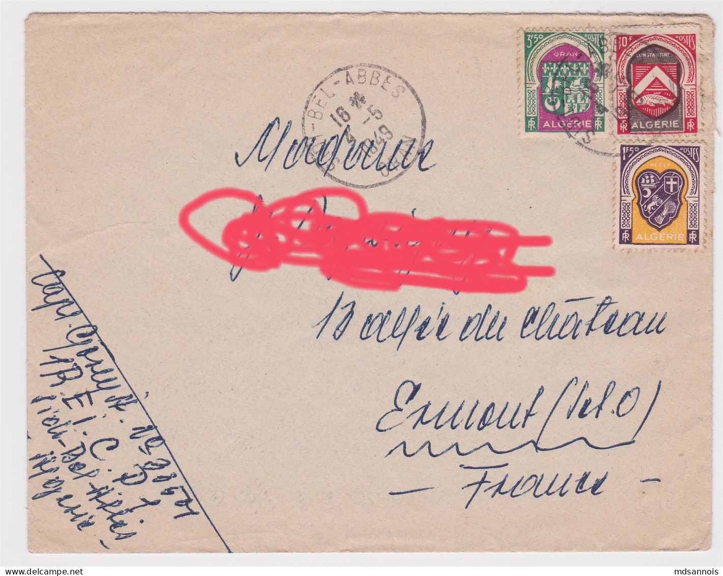 Enveloppe Algérie 1949 Sidi Bel Abbes Timbres 1947-48 (Le Cache Adresse N'est Que Sur L'image) - Brieven En Documenten