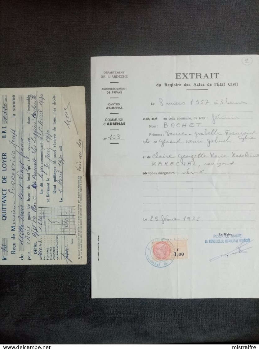 FRANCE.1970-72.. Extrait Acte Civil AUBENAS ( Ardèche ) Et Quittance Loyer ROCHEVILLE ( Alpes Maritimes ) - Brieven En Documenten