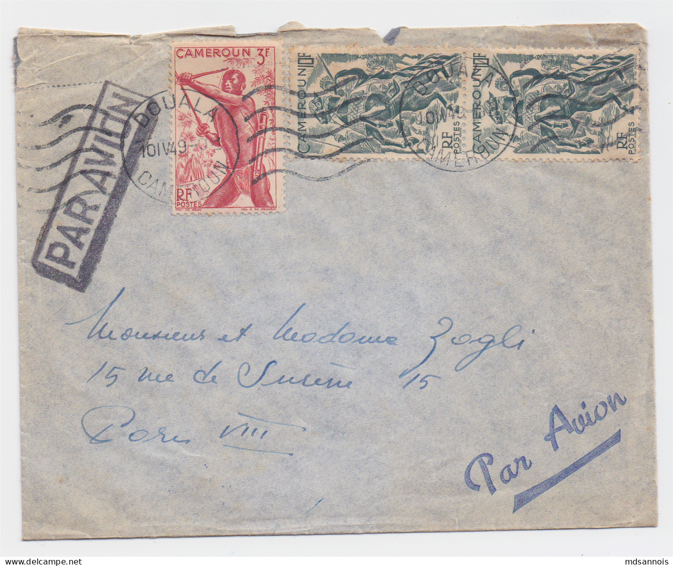 Enveloppe Cachet Par Avion Du Cameroun Douala Postée En 1949 Pour Paris Paire N° 291 Et N° 286 - Covers & Documents