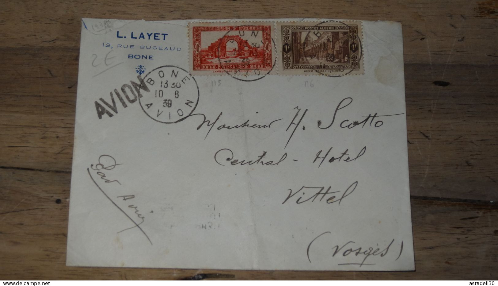 Enveloppe ALGERIE,  BONE AVION  - 1939 ............ Boite1.......... 240424-9 - Lettres & Documents