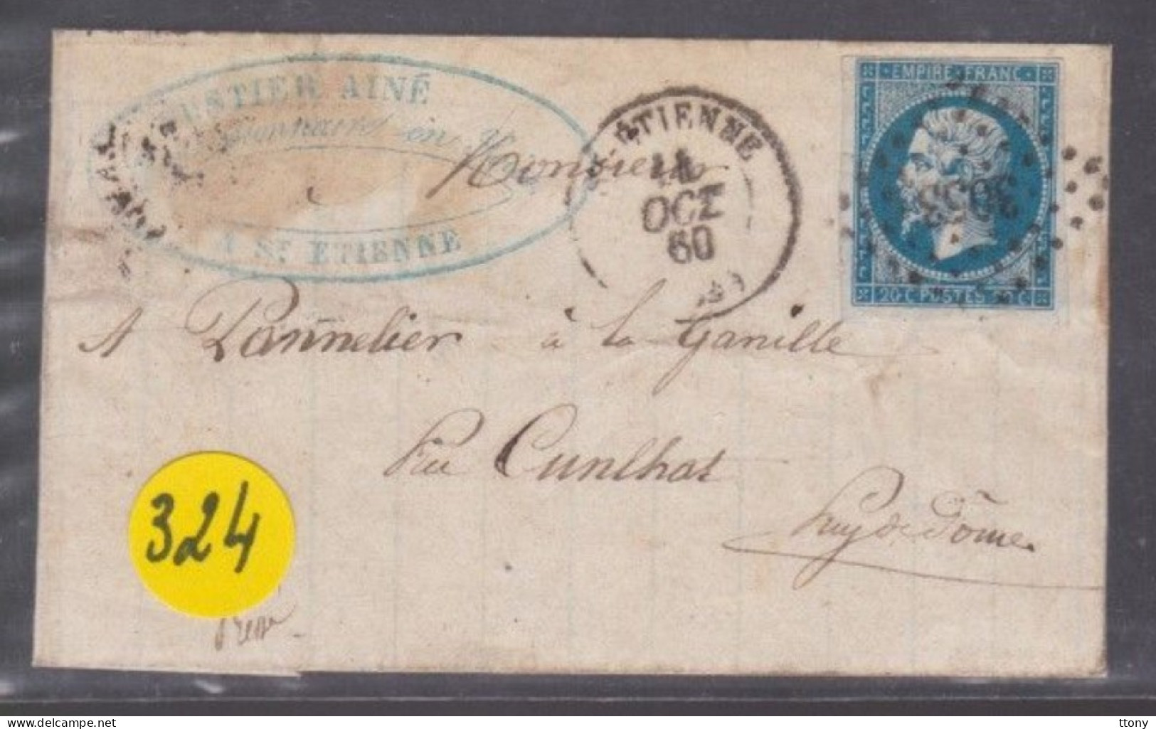 Un  Timbre  Napoléon III   N° 14  20 C Bleu  Lettre Départ St -Etienne    1860   Destination Cunlhat Pc 3053 - 1853-1860 Napoléon III.