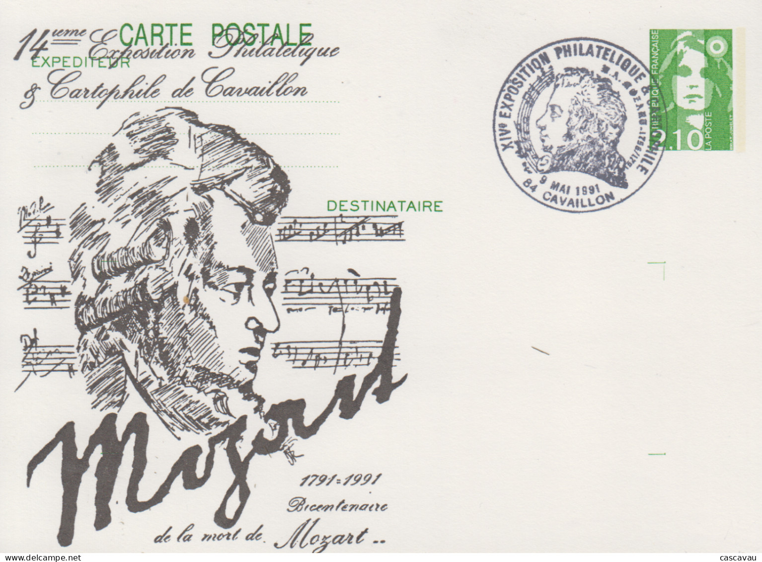 Carte  FRANCE   Entier  Postal  Repiqué     Hommage  à   MOZART     CAVAILLON   1991 - Cartoline Postali Ristampe (ante 1955)