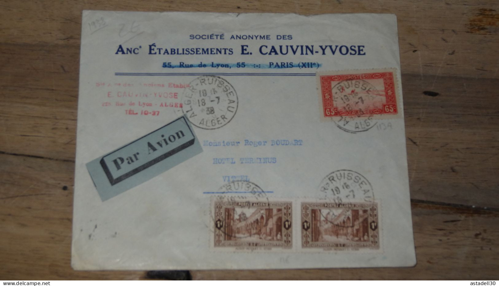 Enveloppe ALGERIE,  AVION  - Alger Ruisseau - 1938 ............ Boite1.......... 240424-10 - Lettres & Documents