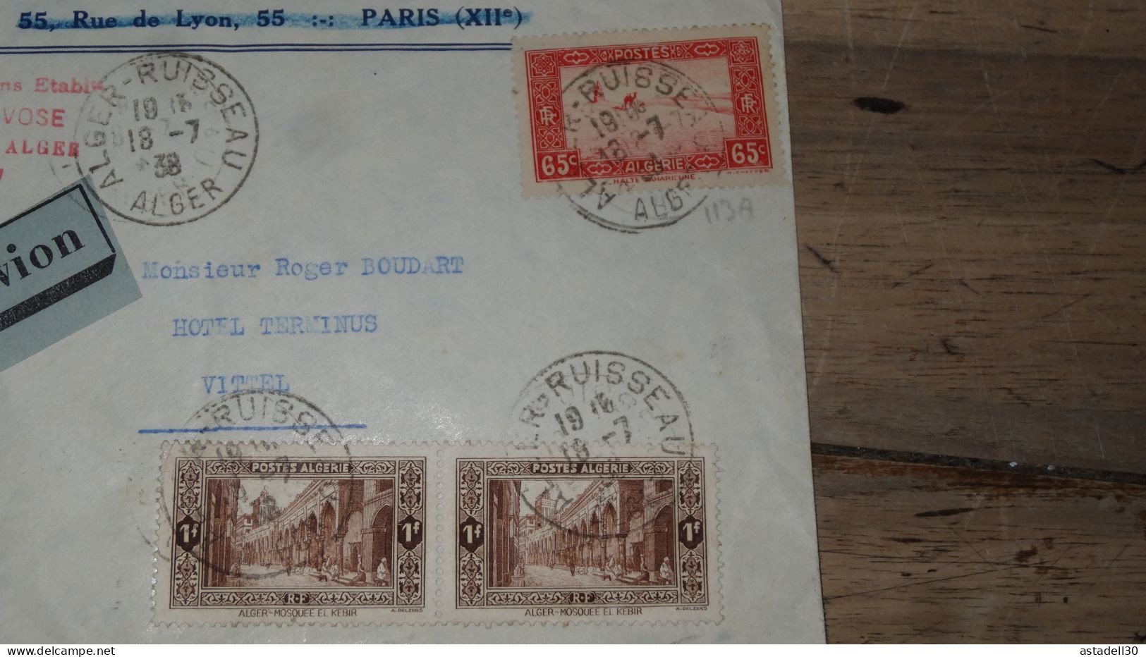 Enveloppe ALGERIE,  AVION  - Alger Ruisseau - 1938 ............ Boite1.......... 240424-10 - Briefe U. Dokumente