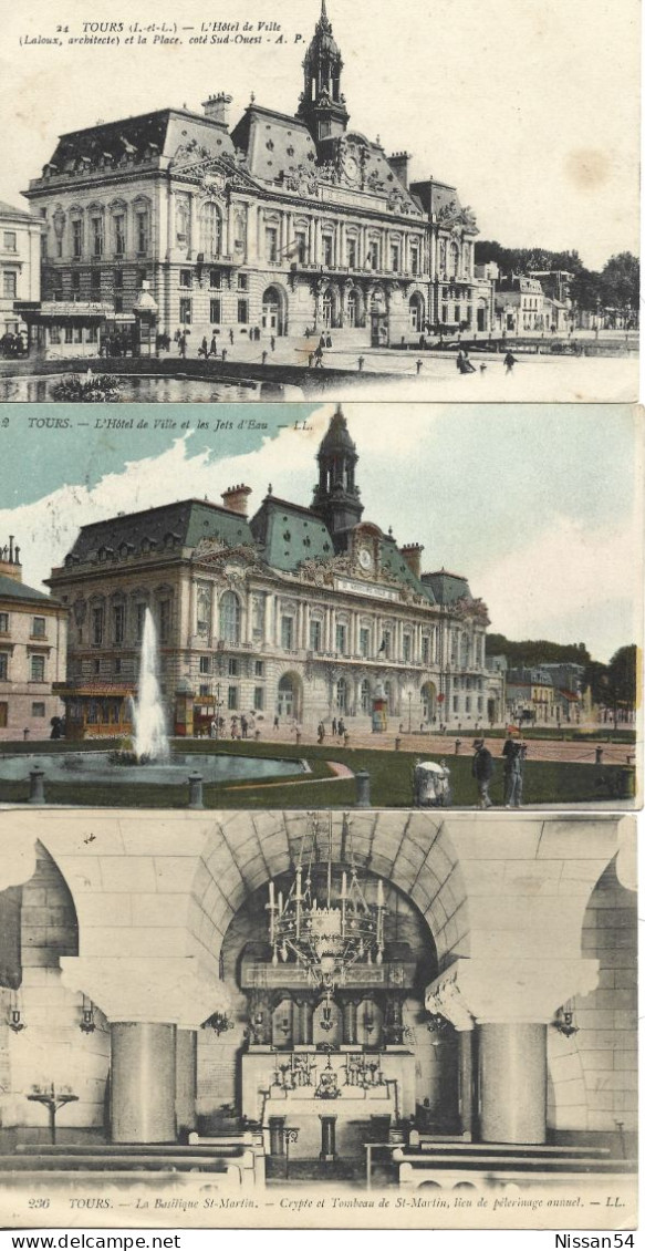 LOT DE 13 CPA TOURS - LA GARE - SQUARE RABELAIS - JARDIN PREBENDES - CATHEDRALE - THEATRE- BASILIQUE - PONT -MAIRIE - Tours