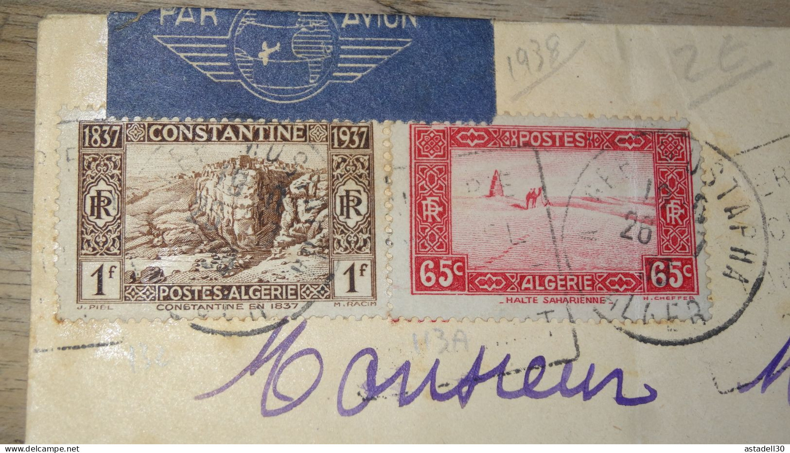 Enveloppe ALGERIE,  AVION  - Alger Mustapha - 1938 ............ Boite1.......... 240424-11 - Briefe U. Dokumente