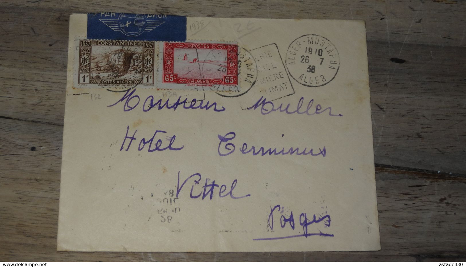 Enveloppe ALGERIE,  AVION  - Alger Mustapha - 1938 ............ Boite1.......... 240424-11 - Lettres & Documents