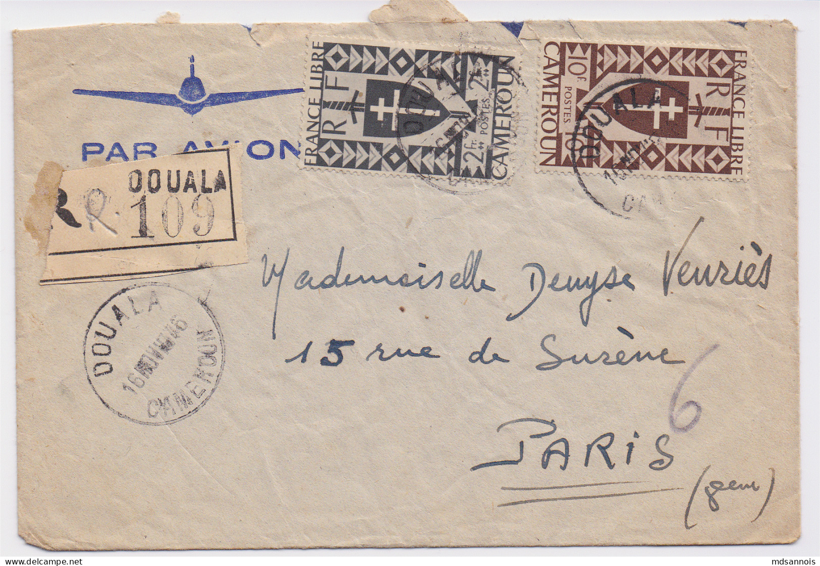 Enveloppe Du Cameroun Recommandée Douala R109 Pour Paris 10 F Et 2 F Série De Londres - Storia Postale