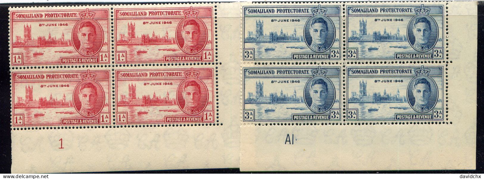 BRITISH EMPIRE, 1946 PEACE ISSUE, 5 DIFFERENT PLATE BLOCK SETS, MLH - Somaliland (Protectorate ...-1959)