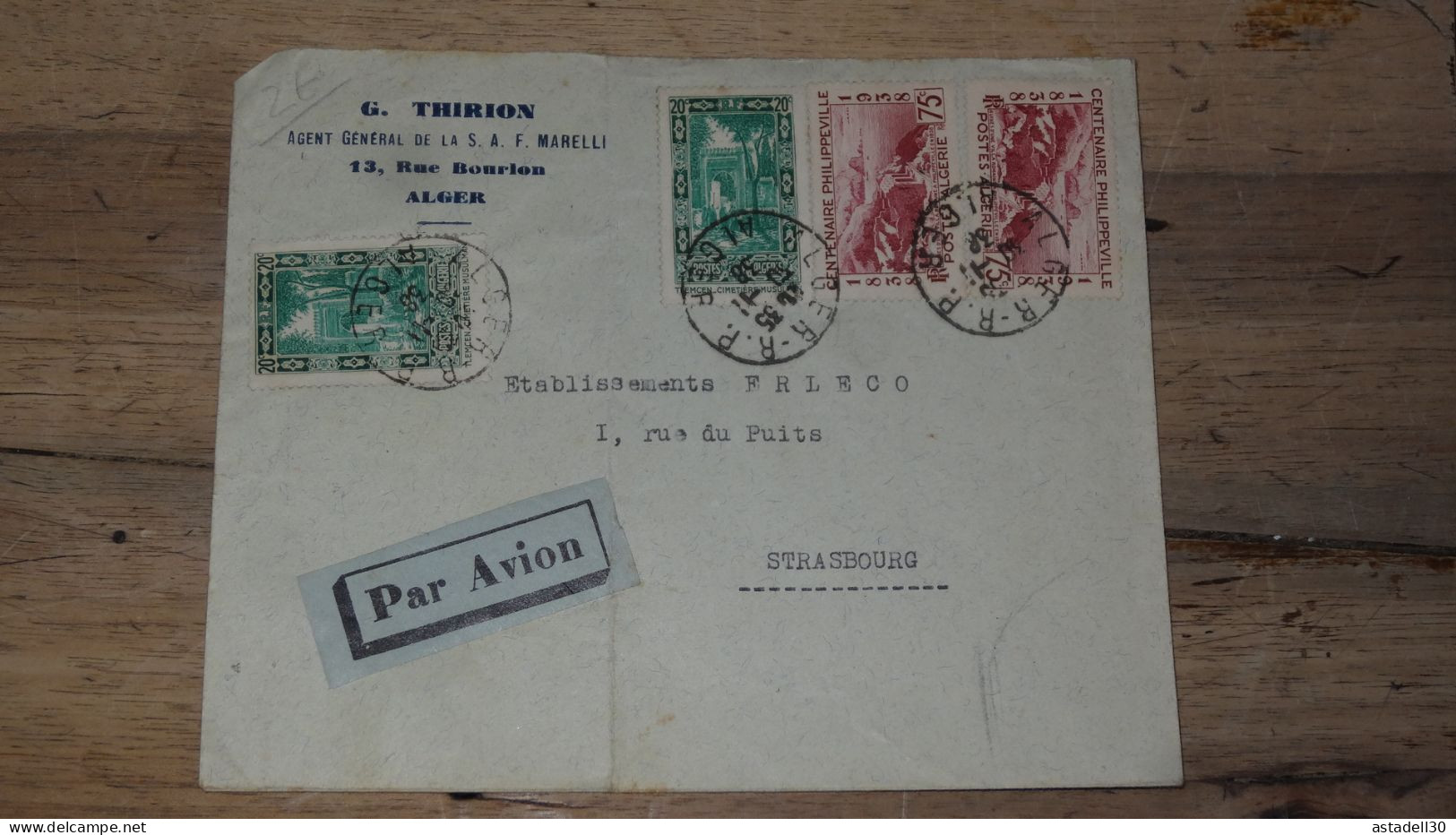 Enveloppe ALGERIE,  AVION  - Alger - 1938 ............ Boite1.......... 240424-13 - Briefe U. Dokumente