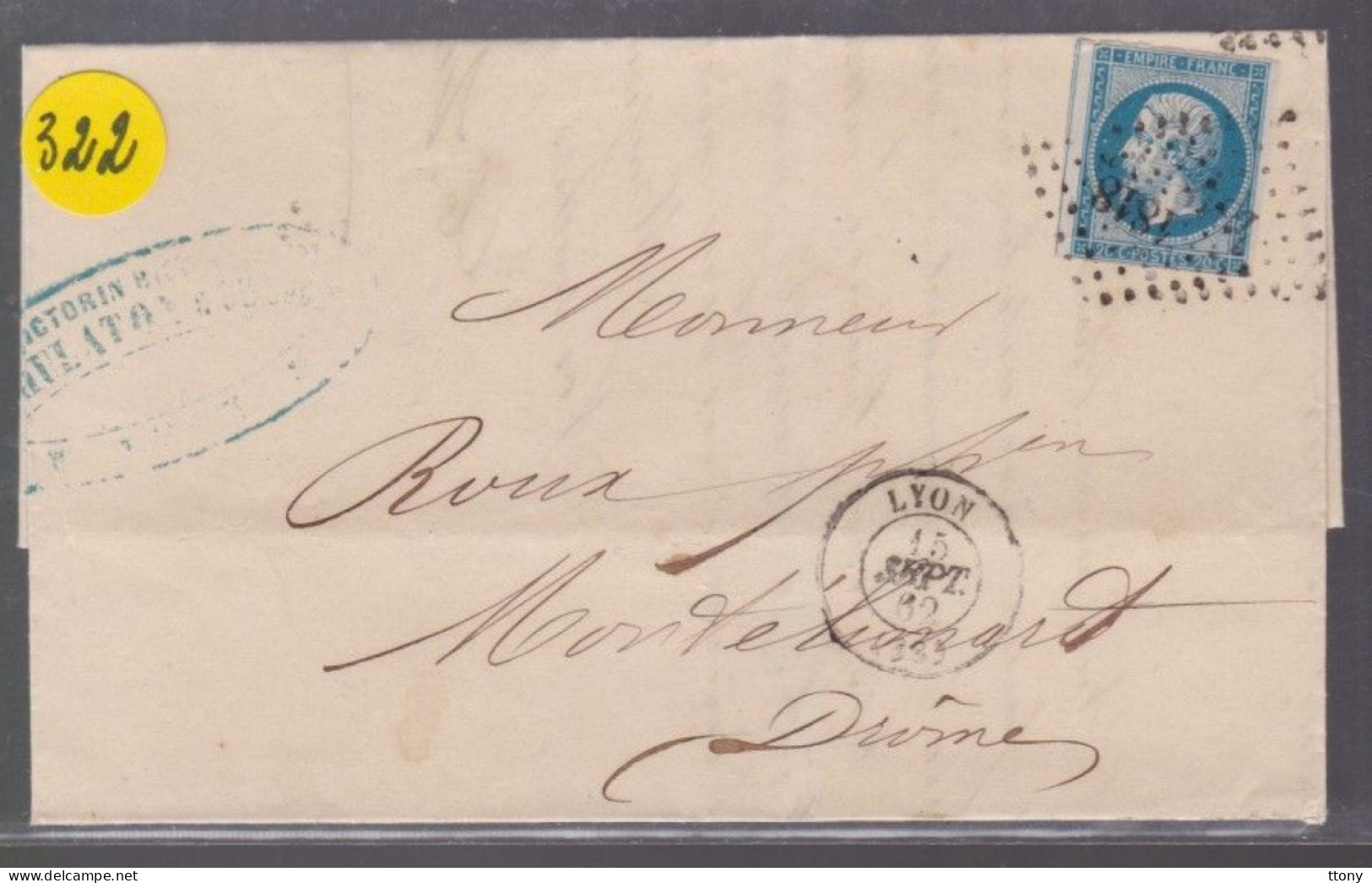 Un  Timbre  Napoléon III   N° 14  20 C Bleu  Lettre Départ Lyon Pc 1818     1862   Destination   Montélimar - 1862 Napoleon III