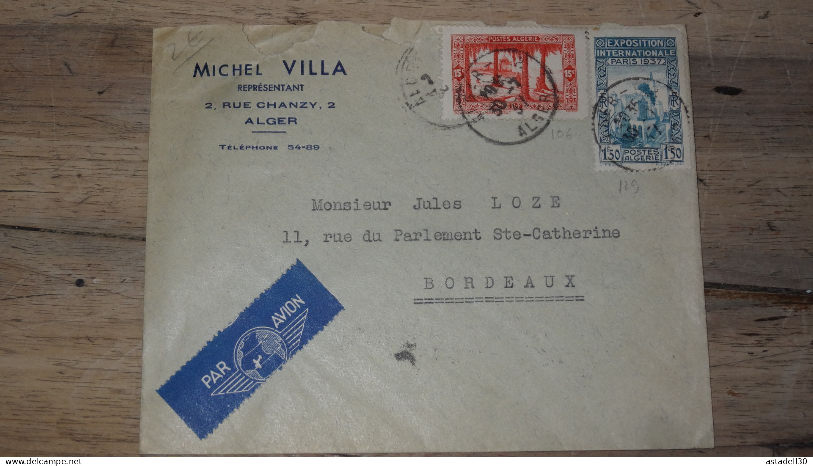 Enveloppe ALGERIE,  AVION  - Alger - 1937 ............ Boite1.......... 240424-15 - Covers & Documents