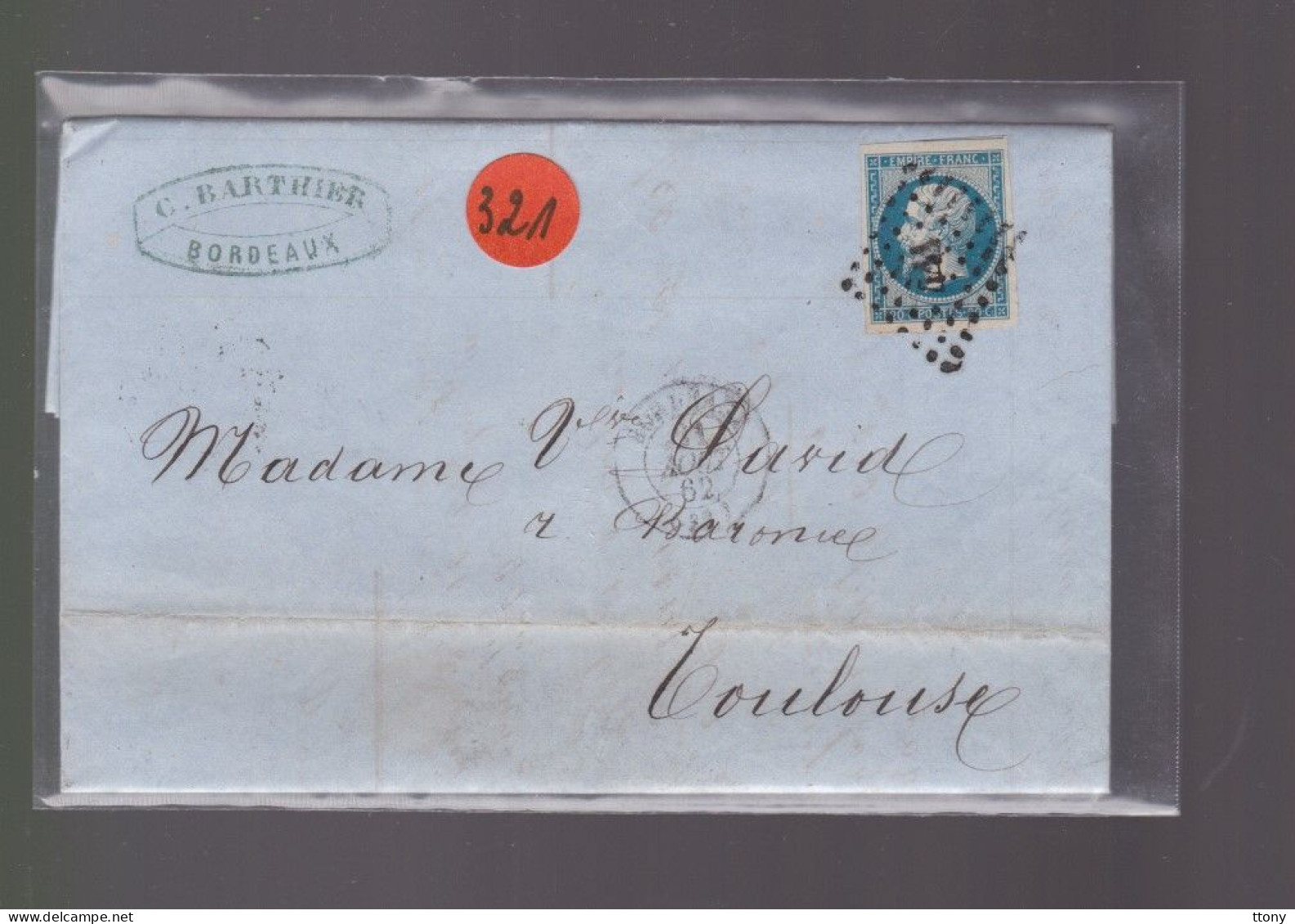 Un  Timbre  Napoléon III   N° 14  20 C Bleu  Lettre Départ  Bordeaux    1862   Destination    Toulouse - 1849-1876: Classic Period