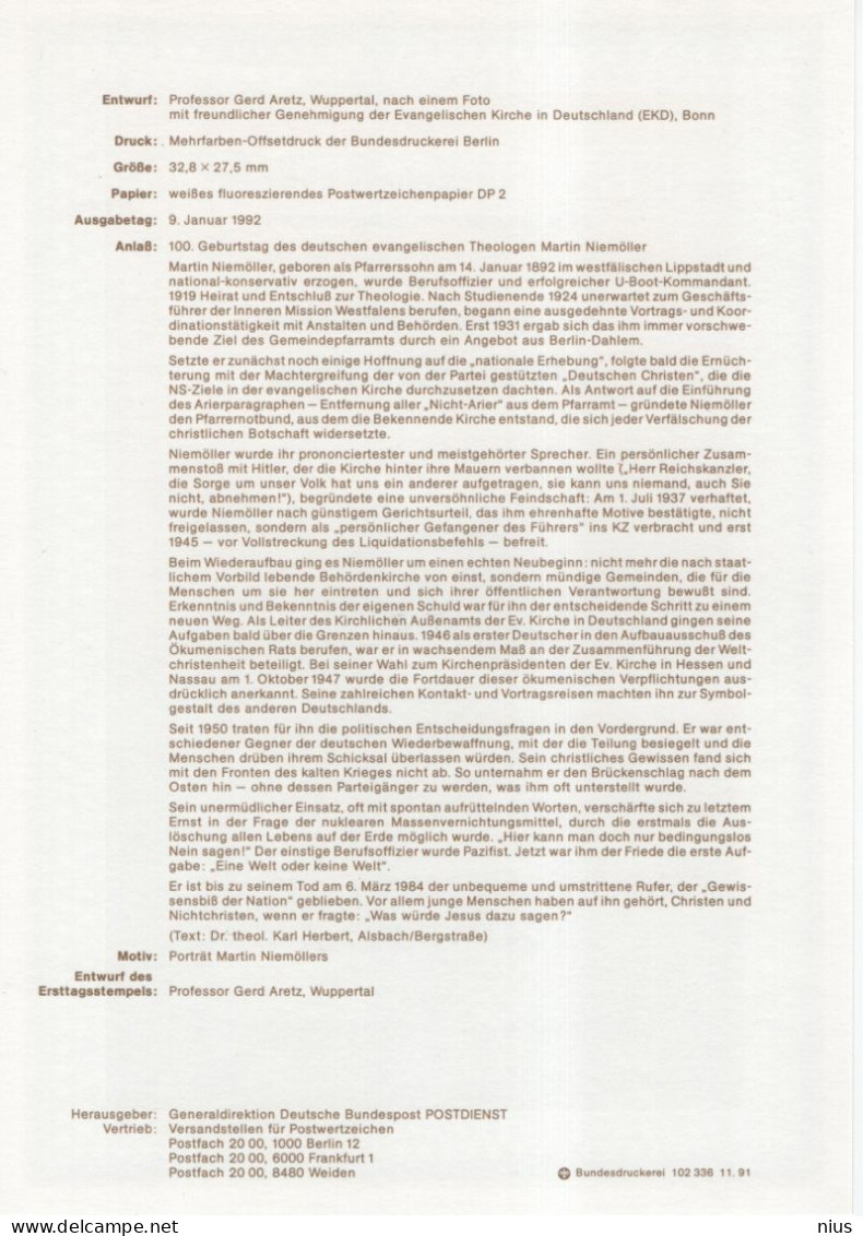 Germany Deutschland 1992-3 100. Geburtstag Martin Niemöller, German Theologian And Lutheran Pastor, Canceled In Bonn - 1991-2000