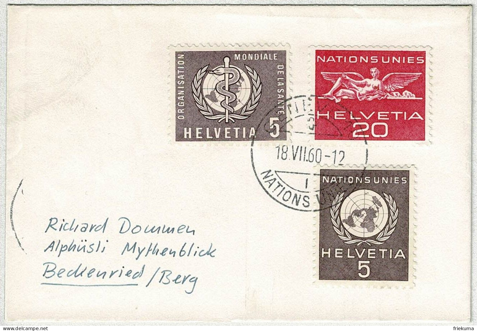 Schweiz 1960, Brief Genève Nations Unies - Beckenried, Dienstmarken, Zusätzlich Marke Organisation Mondiale De La Santé  - Oficial