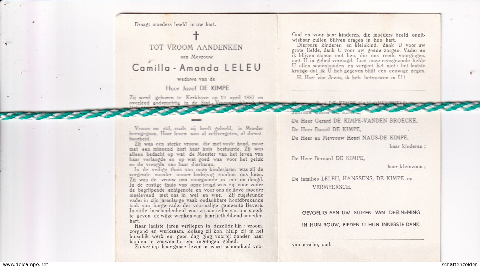 Camilla Amanda Leleu-De Kimpe, Kerkhove 1887, Deinze 1971 - Obituary Notices