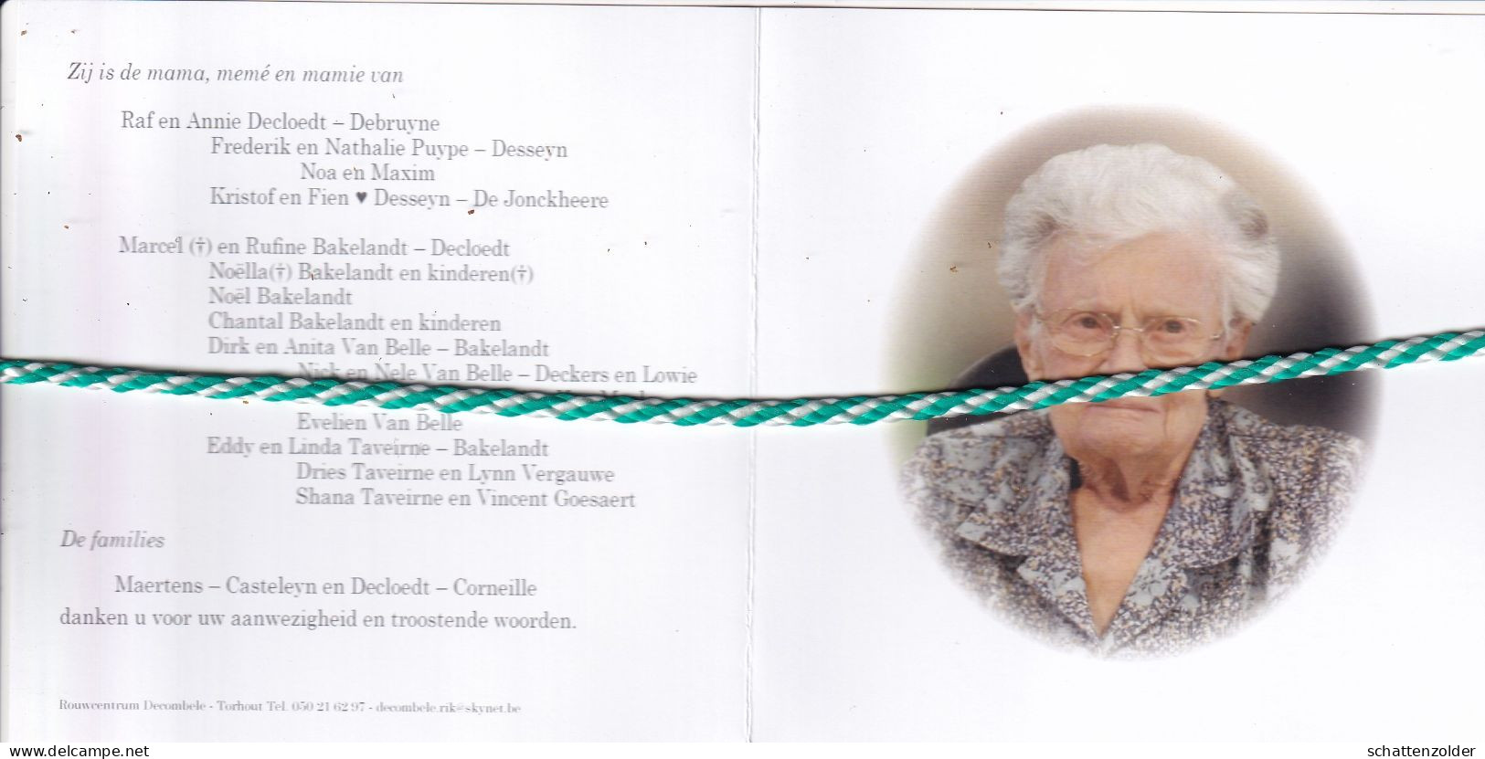 Margaretha Maertens-Decloedt, Aartrijke 1914, Koekelare 2015. Honderdjarige. Foto - Obituary Notices