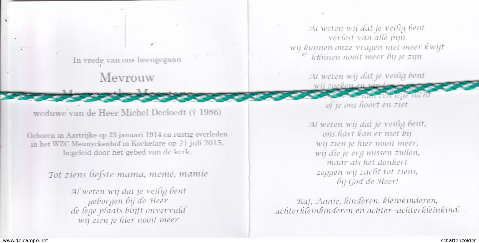 Margaretha Maertens-Decloedt, Aartrijke 1914, Koekelare 2015. Honderdjarige. Foto - Obituary Notices