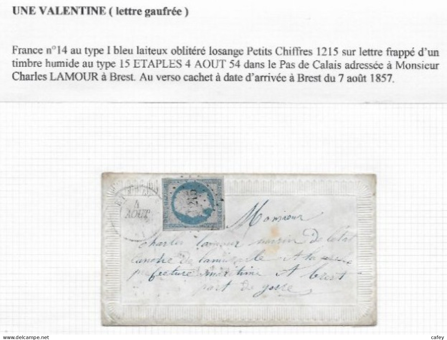 Enveloppe VALENTINE Département Du PAS DE CALAIS  Lettre Càd ETAPLES PC S / Timbre N° 14 Du AOUT 54 TTB - 1849-1876: Periodo Classico