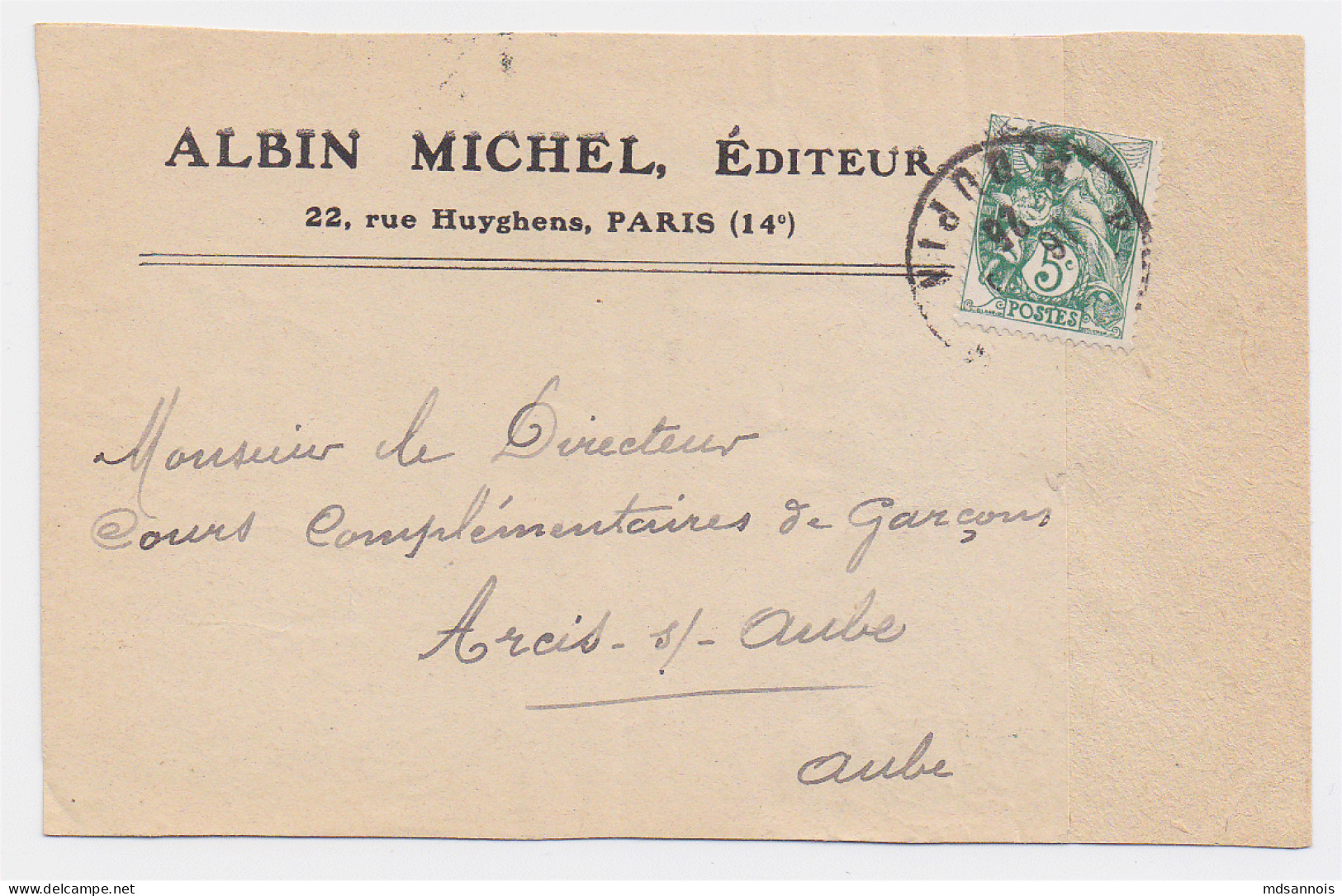 Fragment D'enveloppe ALBIN MICHEL Editeur 22, Rue Huyghens Paris 14e Timbre Type Blanc 5c Vert - 1877-1920: Semi-Moderne