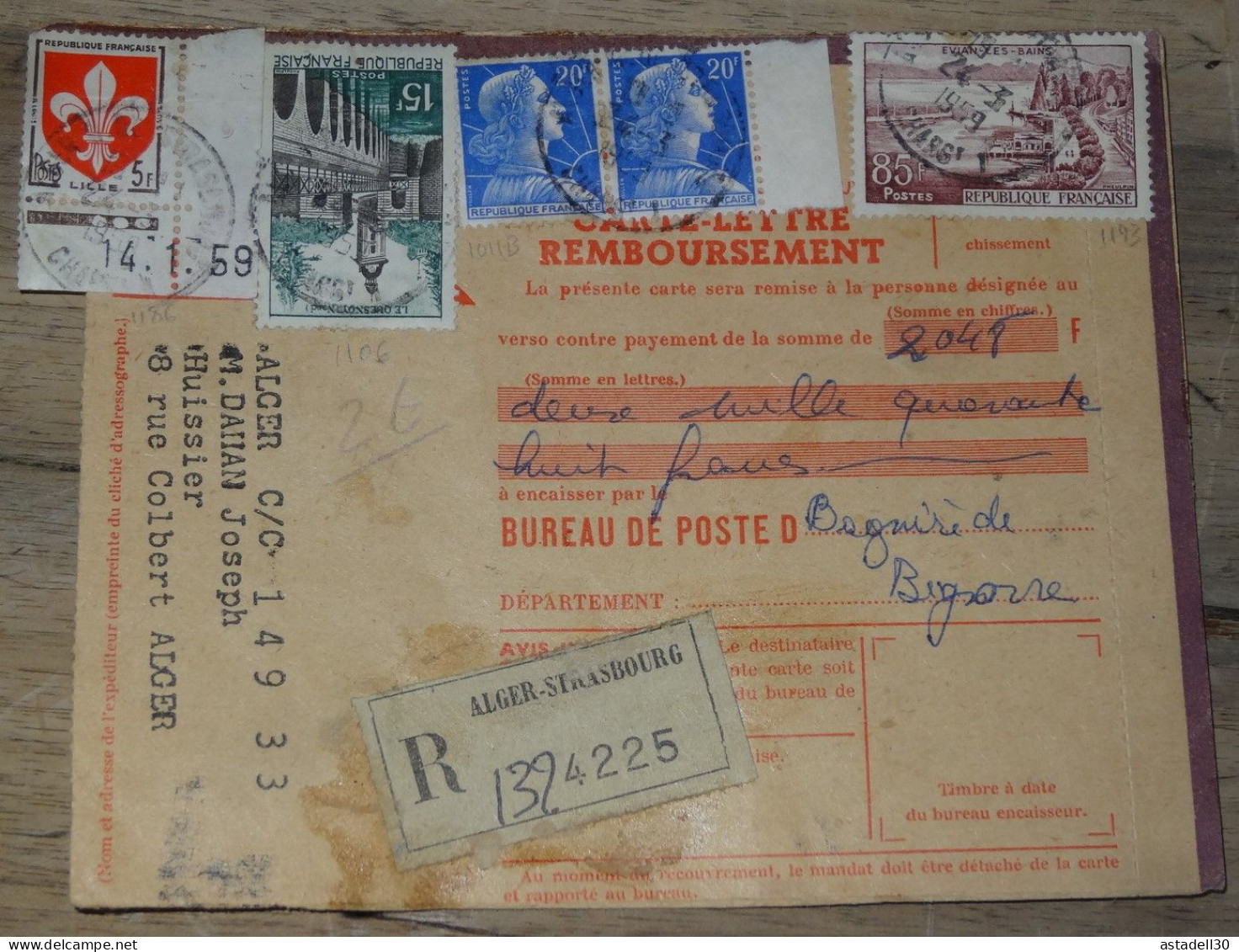 Enveloppe ALGERIE,  Contre Remboursement 1959, Recommandé  ............ Boite1.......... 240424-18 - Cartas & Documentos