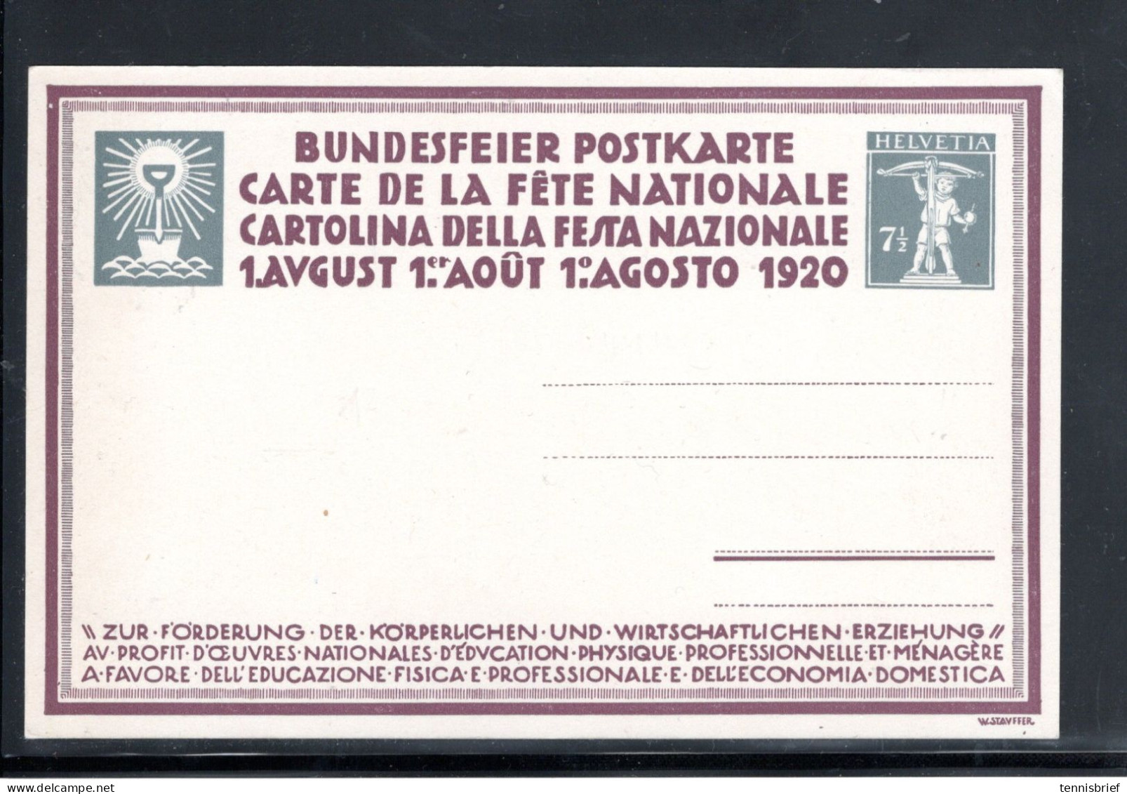 1920 , Bundesfeier 71/2 Rp.  "Turner " , Ungebraucht , Einwandfrei , Zumstein Fr. 180,-  #181 - Ganzsachen