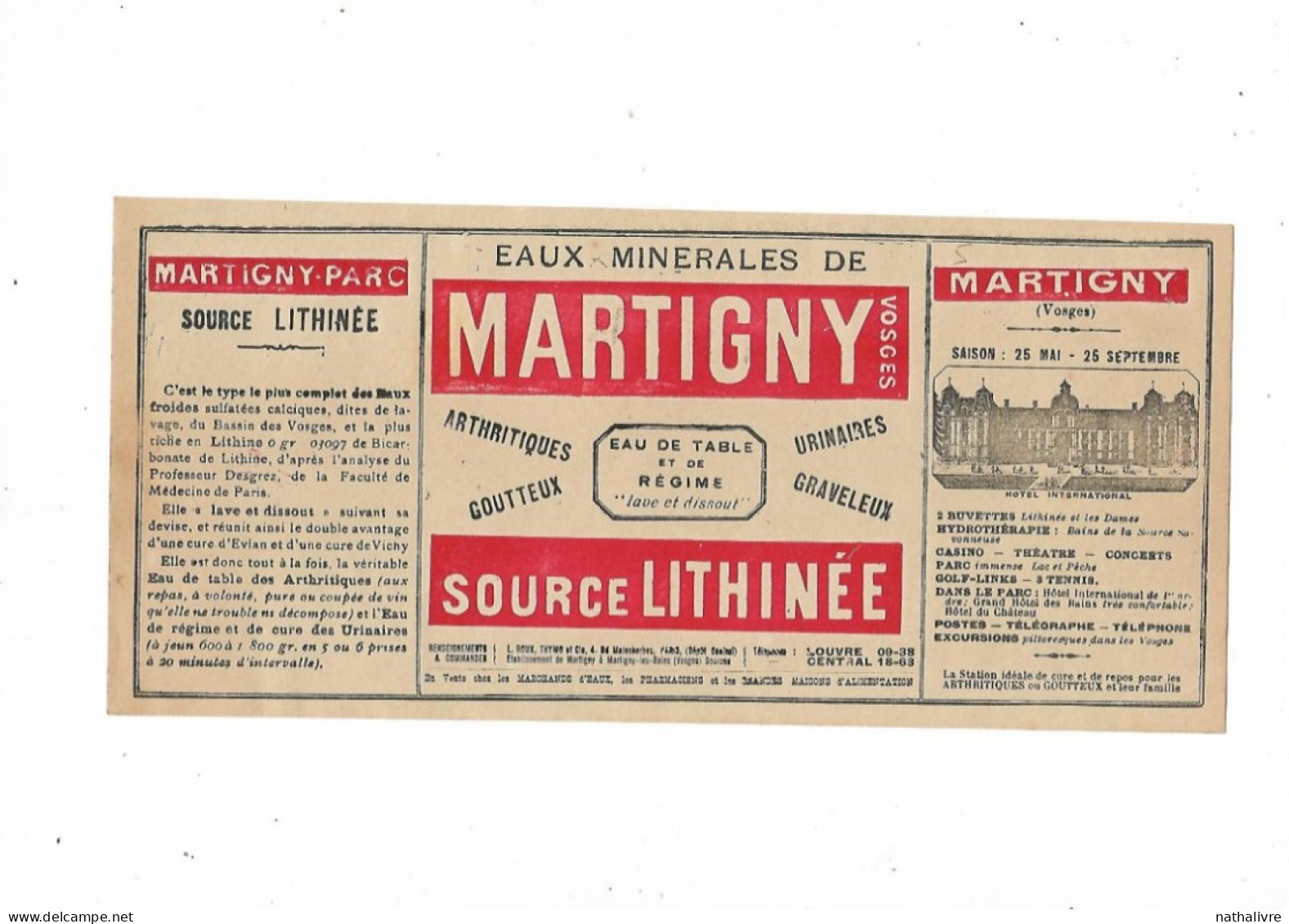 MARTIGNY VOSGES PUBLICITE EAUX MINERALES DE ..SOURCE LITHINEE - Reclame