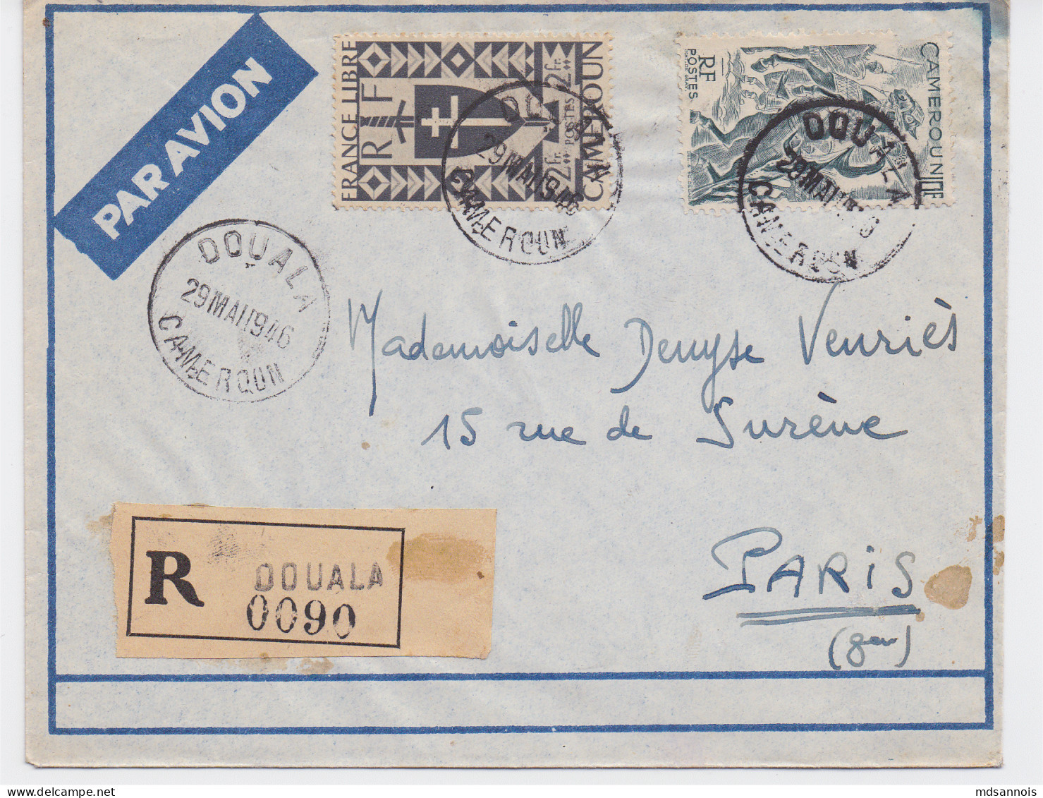 Enveloppe Par Avion Du Cameroun Recommandée R 090 Douala Pour Paris 1946 - Covers & Documents