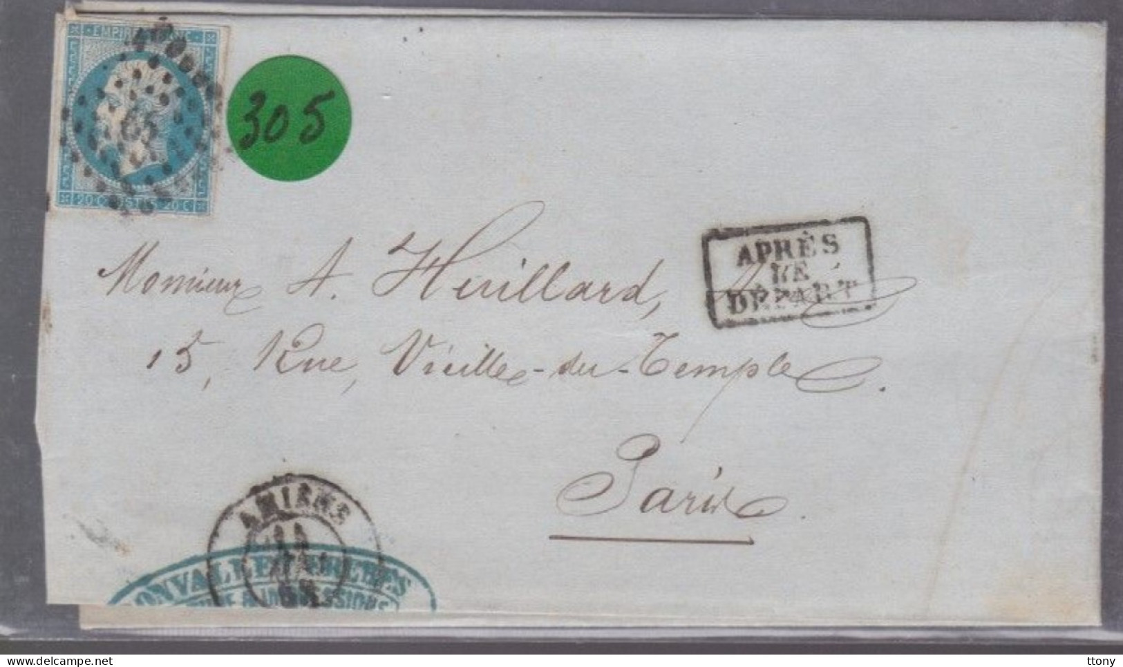 Un  Timbre  Napoléon III N° 14  20 C Bleu  Lettre Départ Amiens Destination Paris Année 1858 Après Le Départ - 1853-1860 Napoleon III