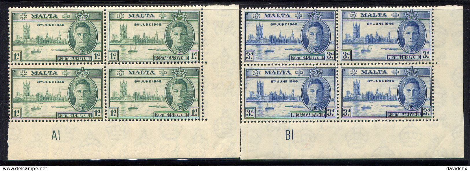 BRITISH EMPIRE, 1946 PEACE ISSUE, 5 DIFFERENT PLATE BLOCK SETS, MLH - Malta (...-1964)