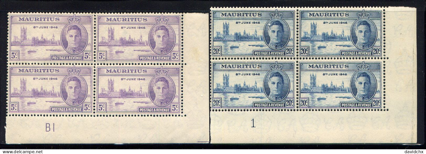 BRITISH EMPIRE, 1946 PEACE ISSUE, 5 DIFFERENT PLATE BLOCK SETS, MLH - Malta (...-1964)