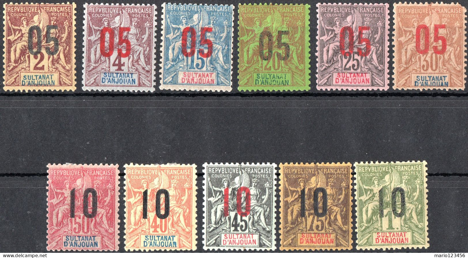 ANJOUAN, ALLEGORIA TIPO “GROUPE”, 1892, NUOVI (MLH*) Scott:FR-AJ 20-30 - Unused Stamps