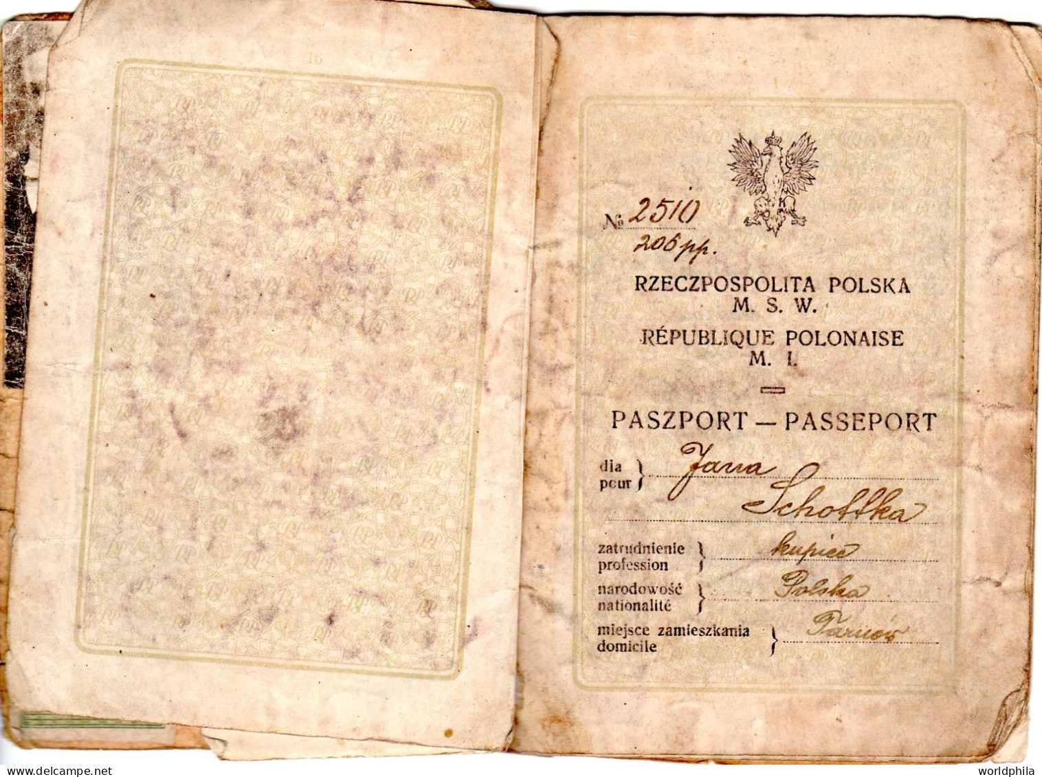 Poland / Polska 1920,24  History travel document, Ceskoslovensko, 2 revenue stamps. Bad  condition