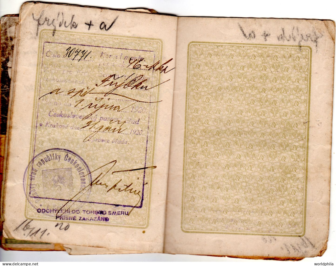 Poland / Polska 1920,24  History travel document, Ceskoslovensko, 2 revenue stamps. Bad  condition