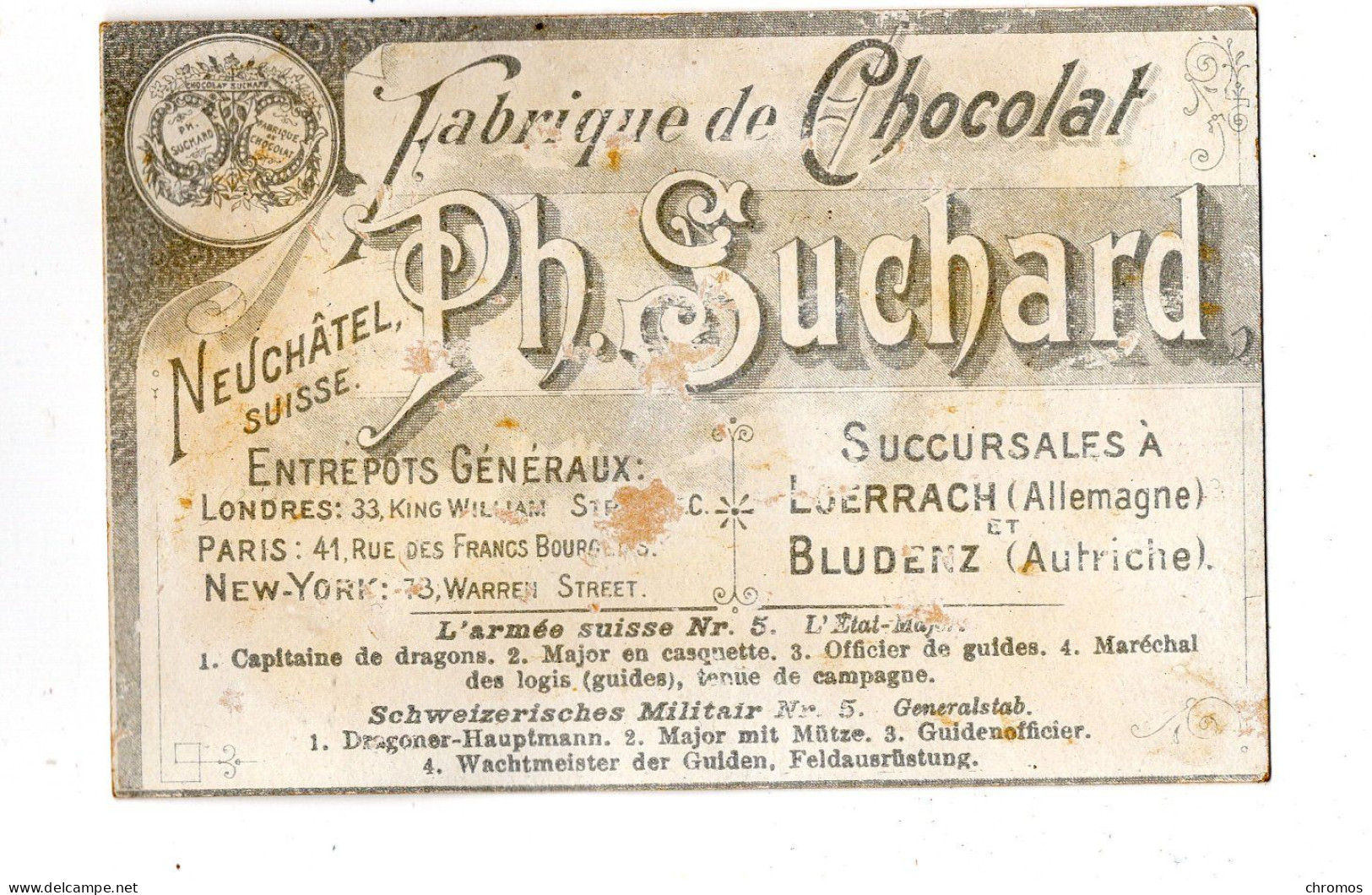 Chromo Chocolat Suchard, S 76 / 5, Serie Militaire De La Suisse - Suchard