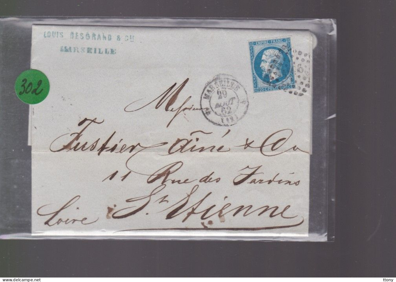 Un  Timbre  Napoléon III N° 14  20 C Bleu  Lettre Départ Marseille 1862 Destination St -Etienne - 1862 Napoleon III