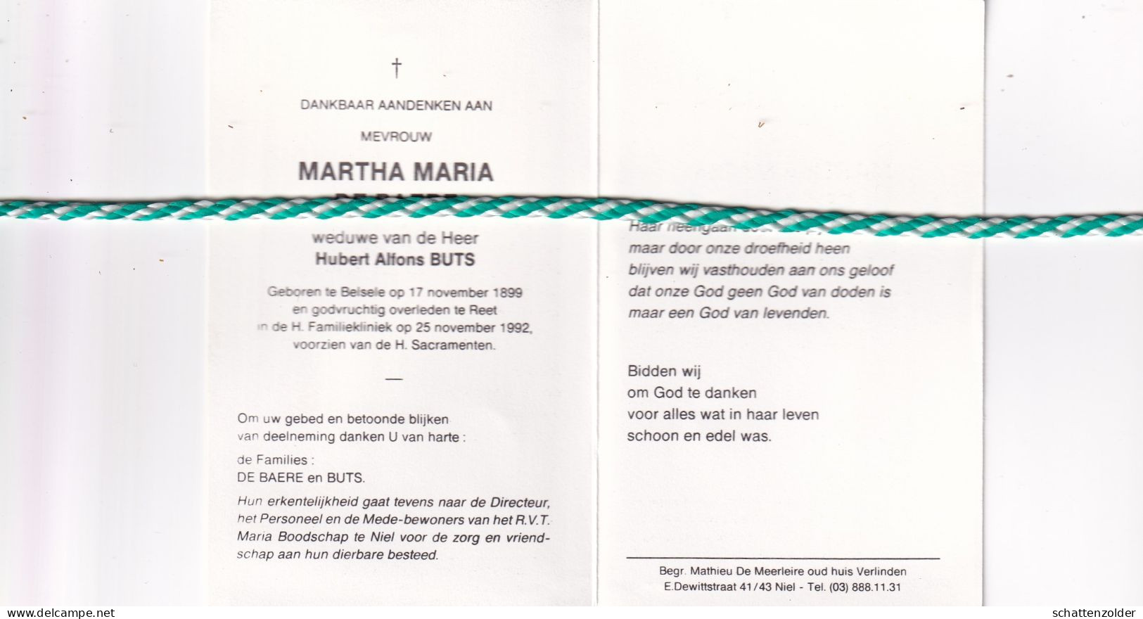 Martha Maria De Baere-Buts, Belsele 1899, Reet 1992 - Obituary Notices