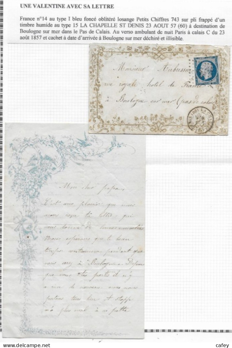 Enveloppe VALENTINE + Lettre Décorée  Càd LA CHAPELLE ST DENIS SEINE   PC S / Timbre N° 14  (verso Manque Partiel Rabat) - 1849-1876: Klassik