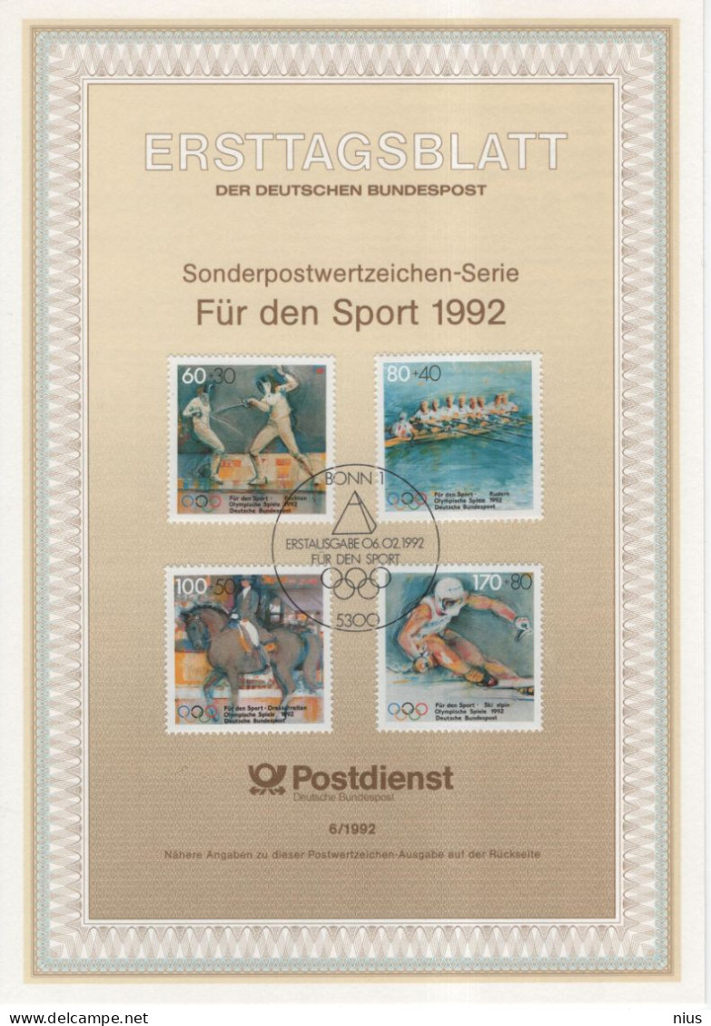 Germany Deutschland 1992-6 Fur Den Sport, Barcelona Olympic Games Skiing Riding Rowing Fencing, Olympische Spiele, Bonn - 1991-2000