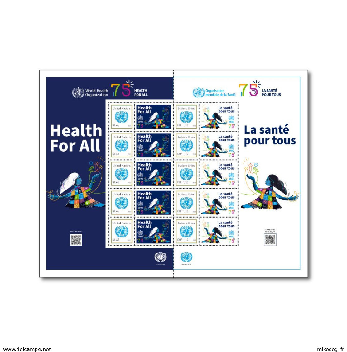 ONU Genève 2023 - Feuille De Timbres Personnalisés " WHO OMS 75th Anniv. Health For All" ** - Blocks & Sheetlets