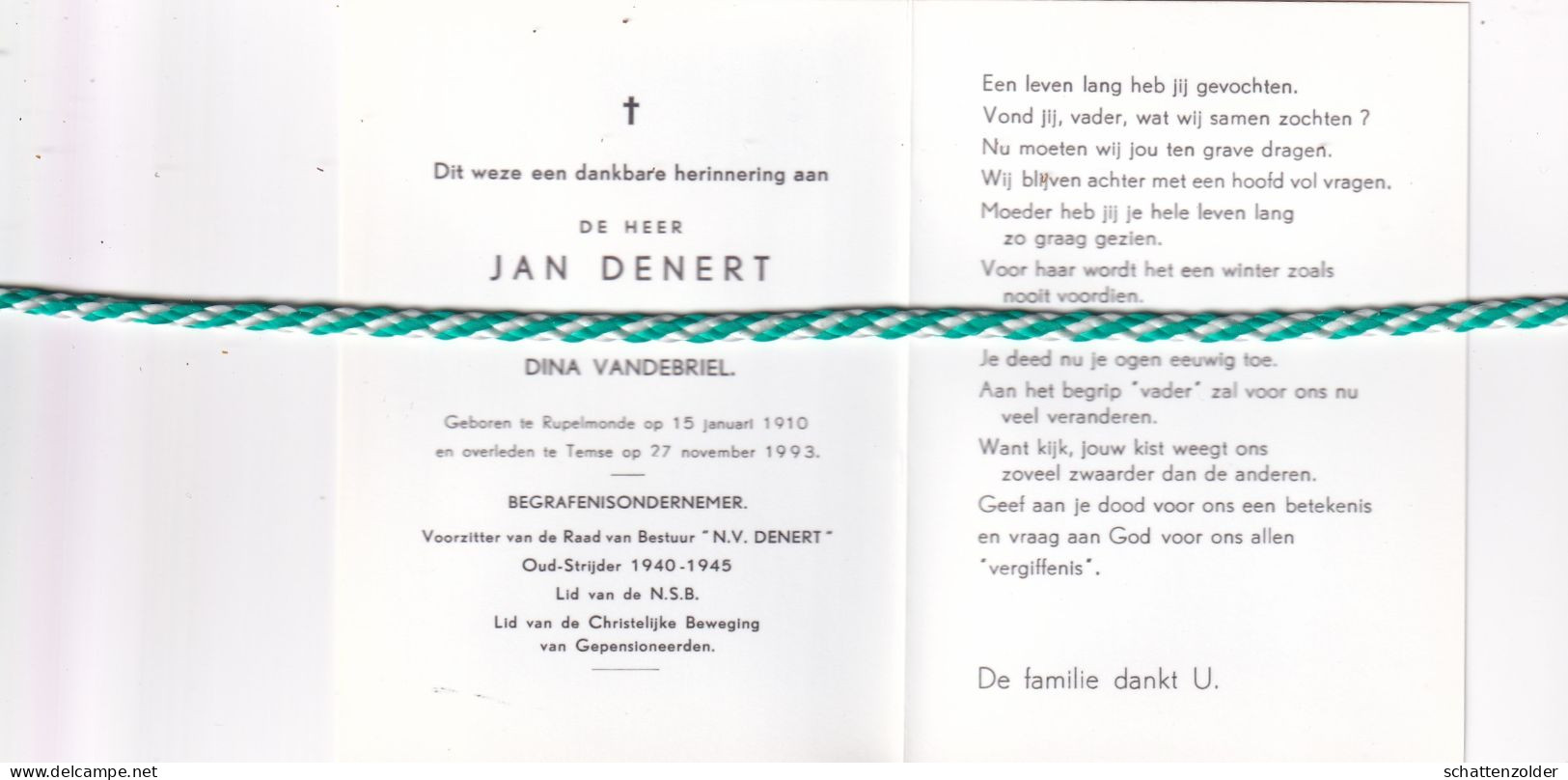 Jan Denert-Vandebriel, Rupelmonde 1910, Temse 1993. Begrafenisondernemer, Oud-strijder 40-45; Foto - Avvisi Di Necrologio