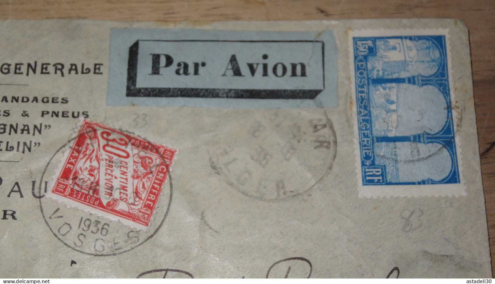 Enveloppe ALGERIE,  VIALAR, AVION, Taxée - 1936  ............ Boite1.......... 240424-19 - Lettres & Documents