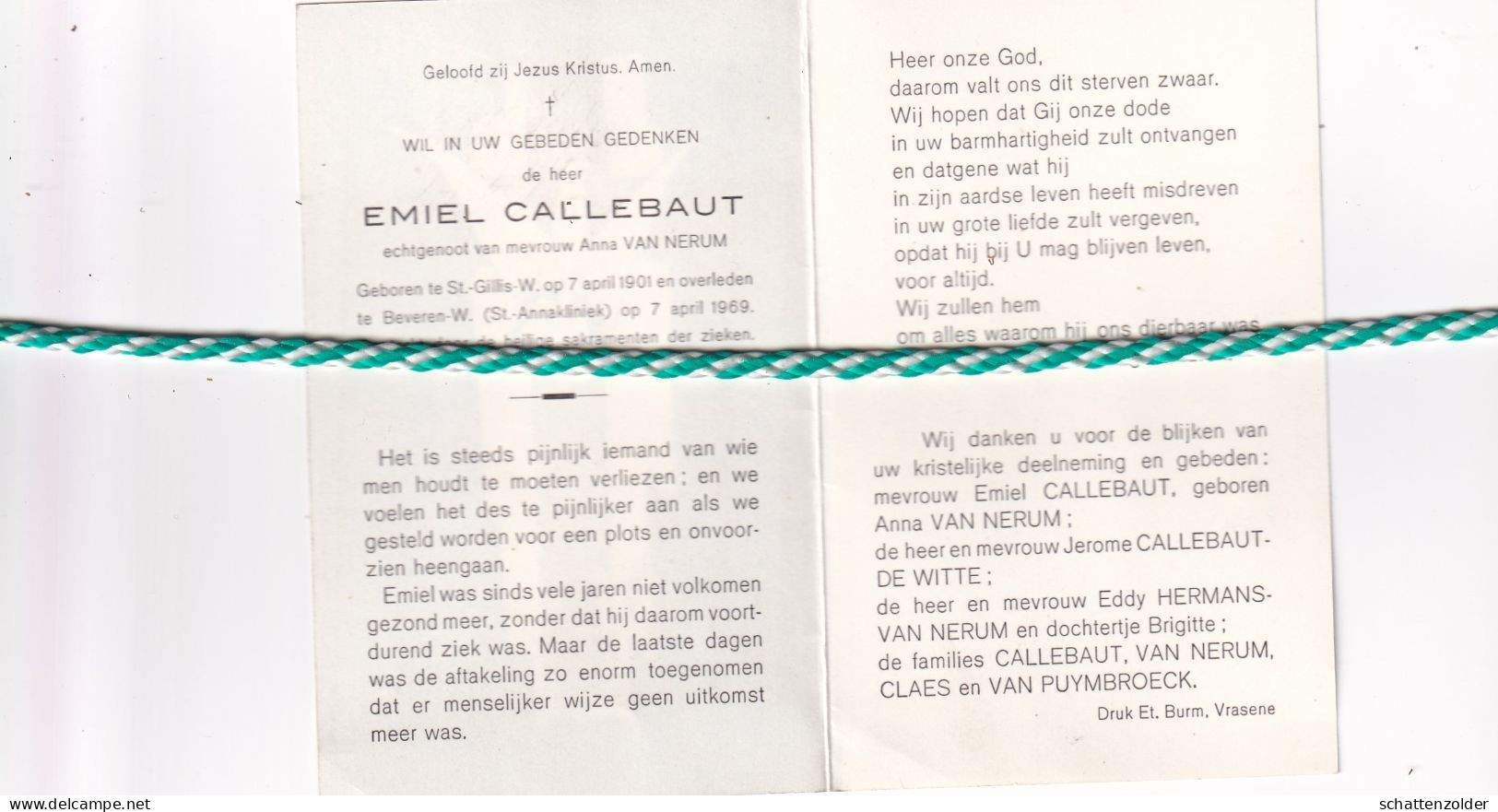 Emiel Callebaut-Van Nerum, Sint-Gillis-Waas 1901, Beveren-Waas 1969 - Todesanzeige