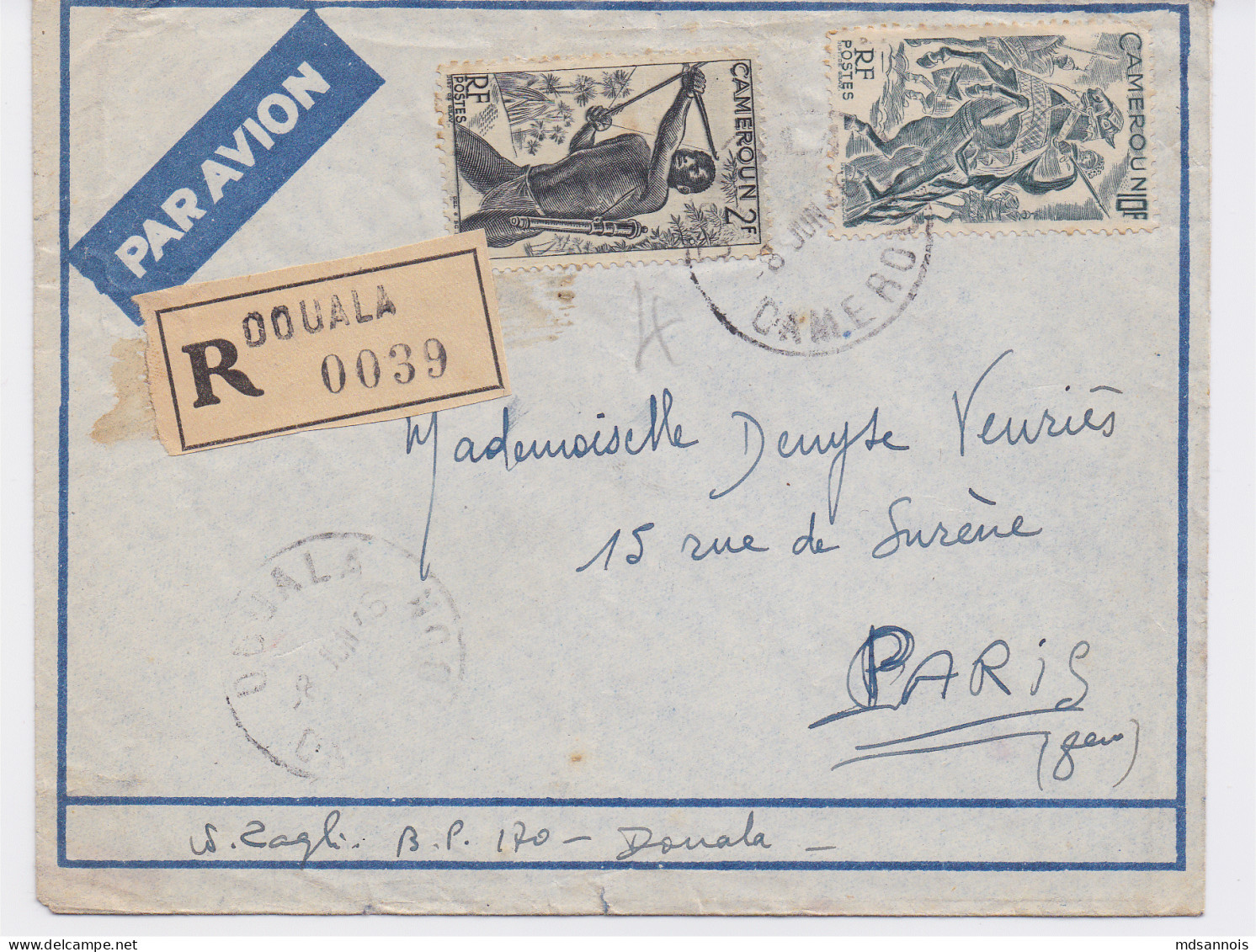 Enveloppe Par Avion Du Cameroun Recommandée R 0039 Douala Pour Paris 1946 - Brieven En Documenten